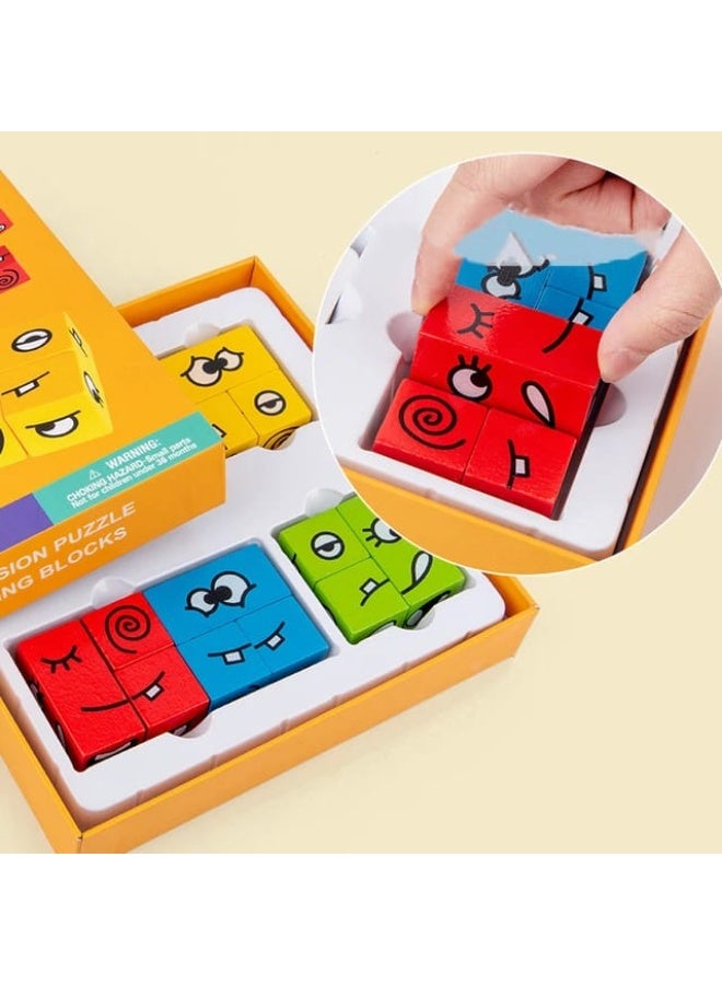 مكعبات بازل تعبيرات الوجه – لعبة مكعبات خشبية متغيرة الوجوه، لعبة مونتيسوري تعليمية حسية للتعلم المبكر للأطفال الصغار - Image 3